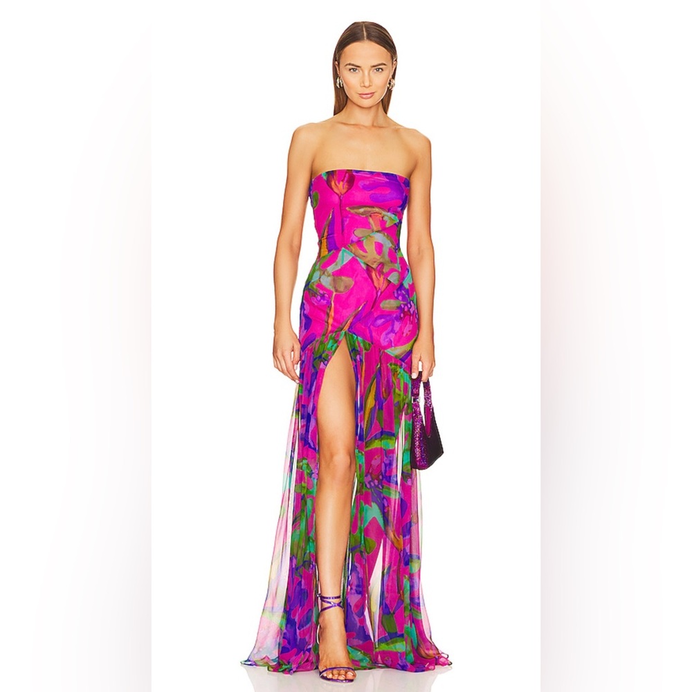 100% silk Retrofête “Nicole Silk Chiffon Dress” in Tropical Leaf